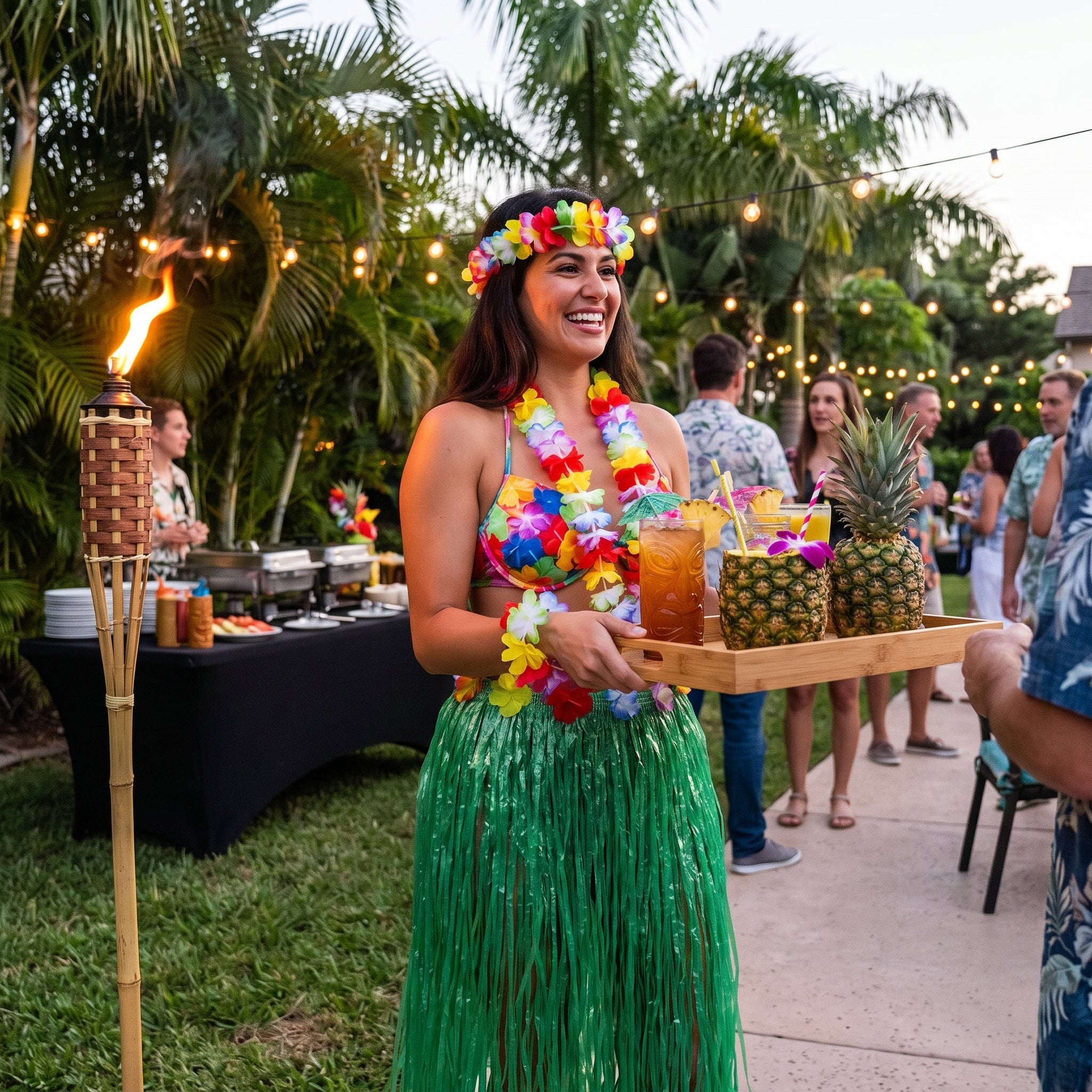 Adult Hula Skirt Kit with Bra, Lei, and Wristlets - Green & Multicolor
