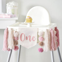 Baby's First Birthday High Chair Banner - Pink Fabric with Tassels
