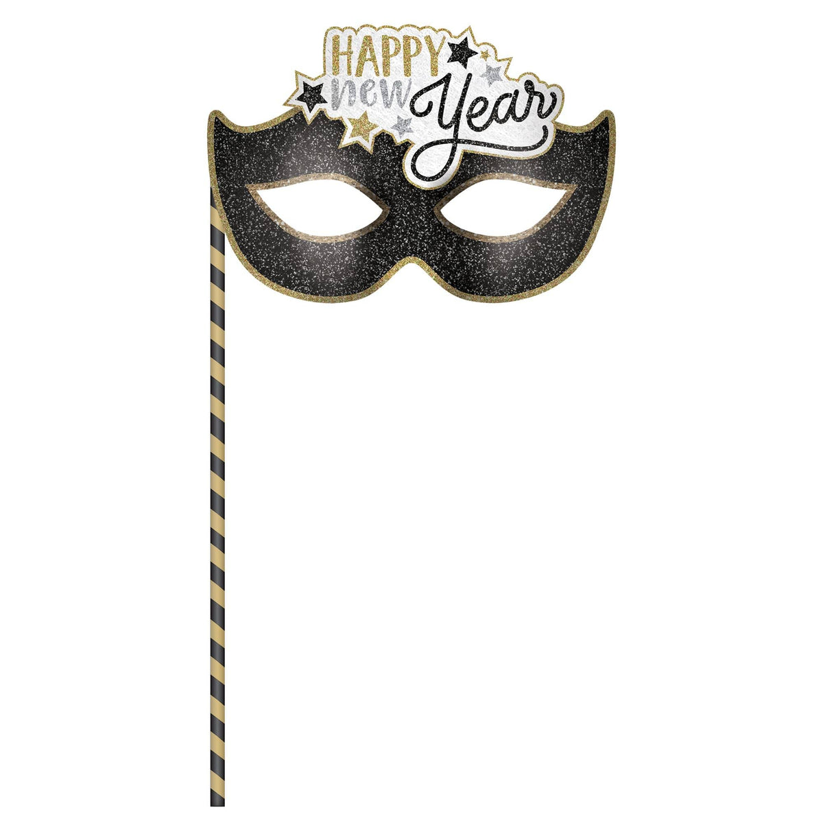 "Happy New Year" Masquerade Mask on a Stick - Black & Gold