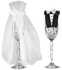 Bride & Groom Champagne Flute Covers with Veil & Tuxedo