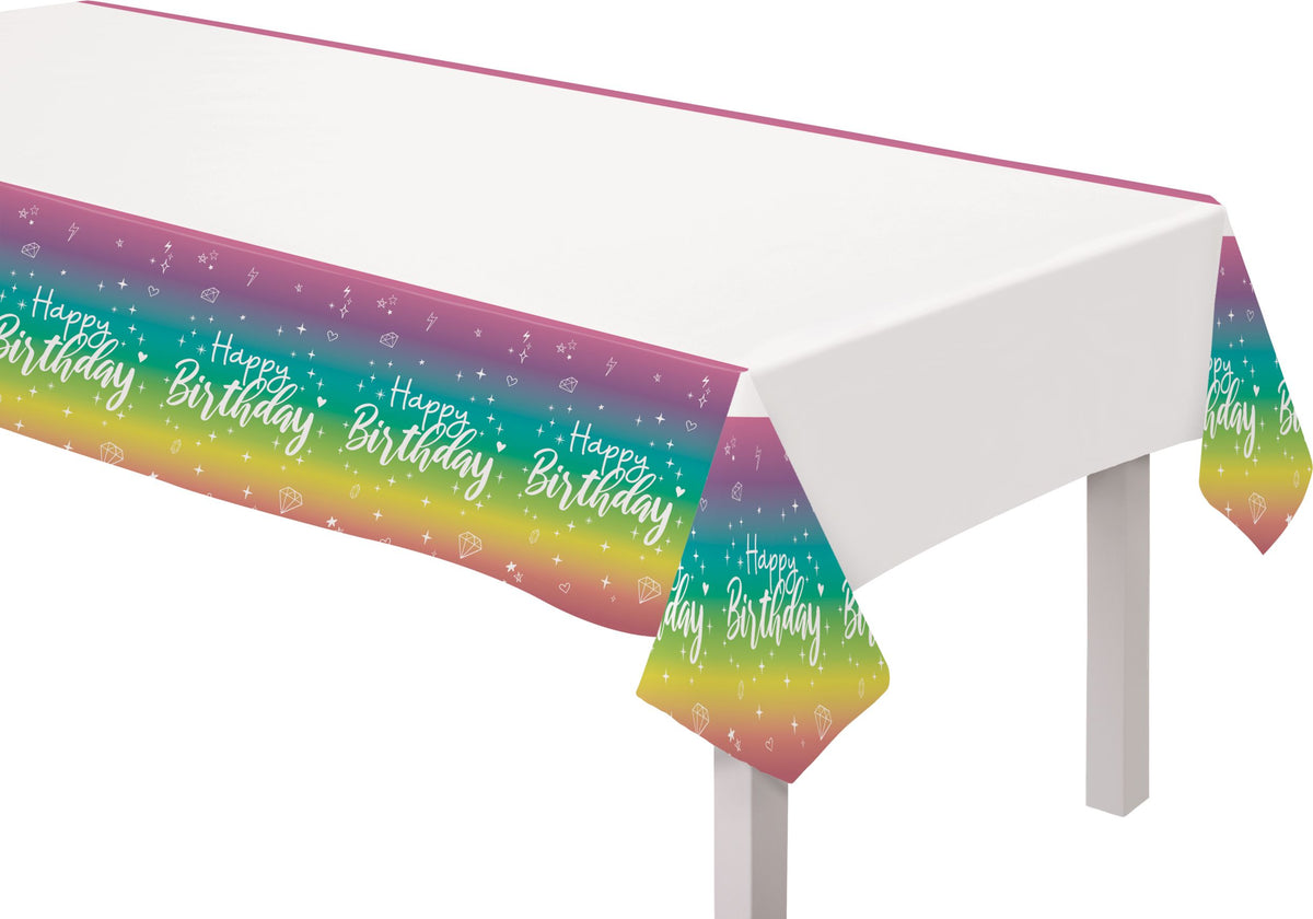 Sparkle Ombre Rainbow "Happy Birthday" Plastic Table Cover, 54x96-inch