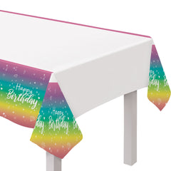 Sparkle Ombre Rainbow "Happy Birthday" Plastic Table Cover, 54x96-inch