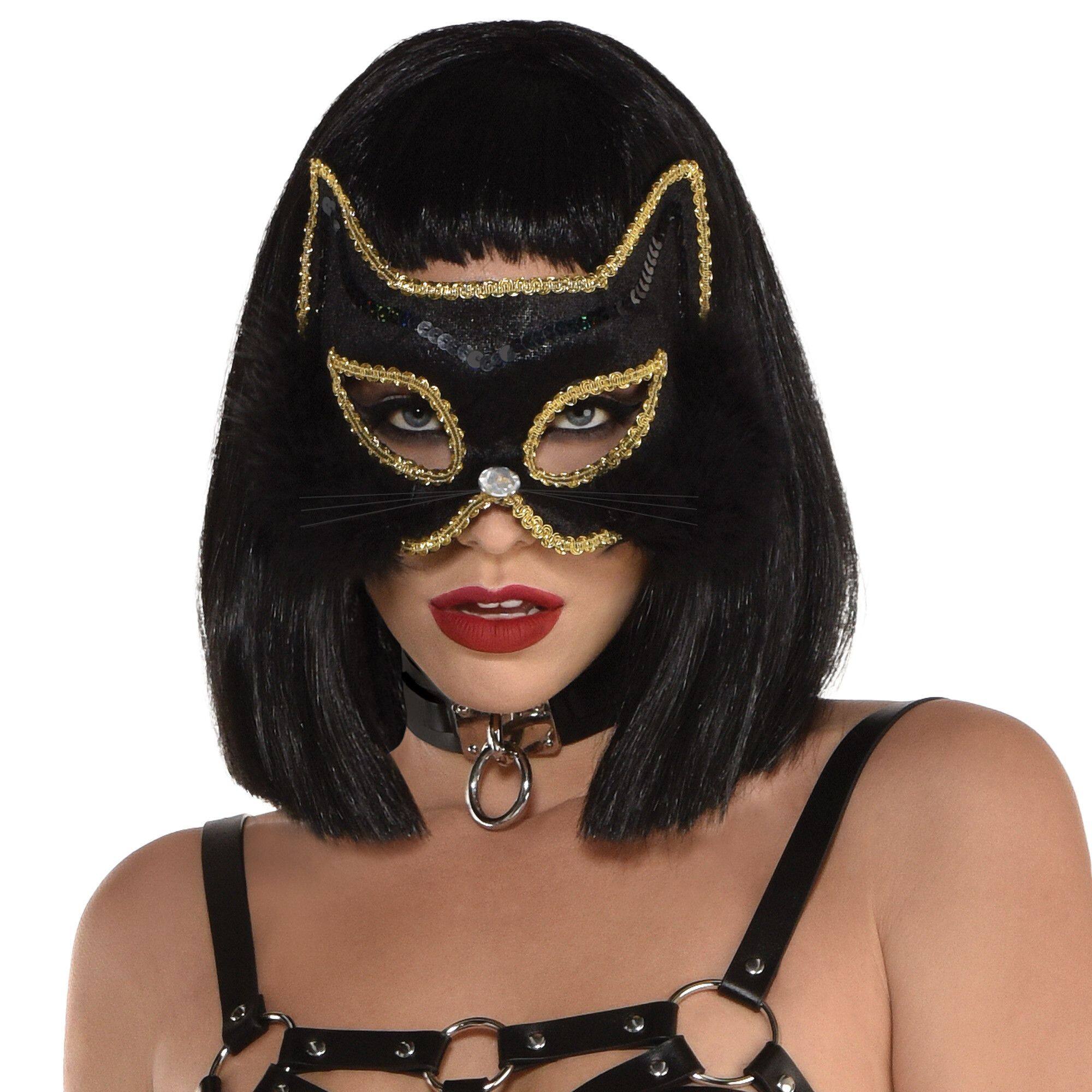 Elegant Black Marabou Cat Mask with Gold Trim