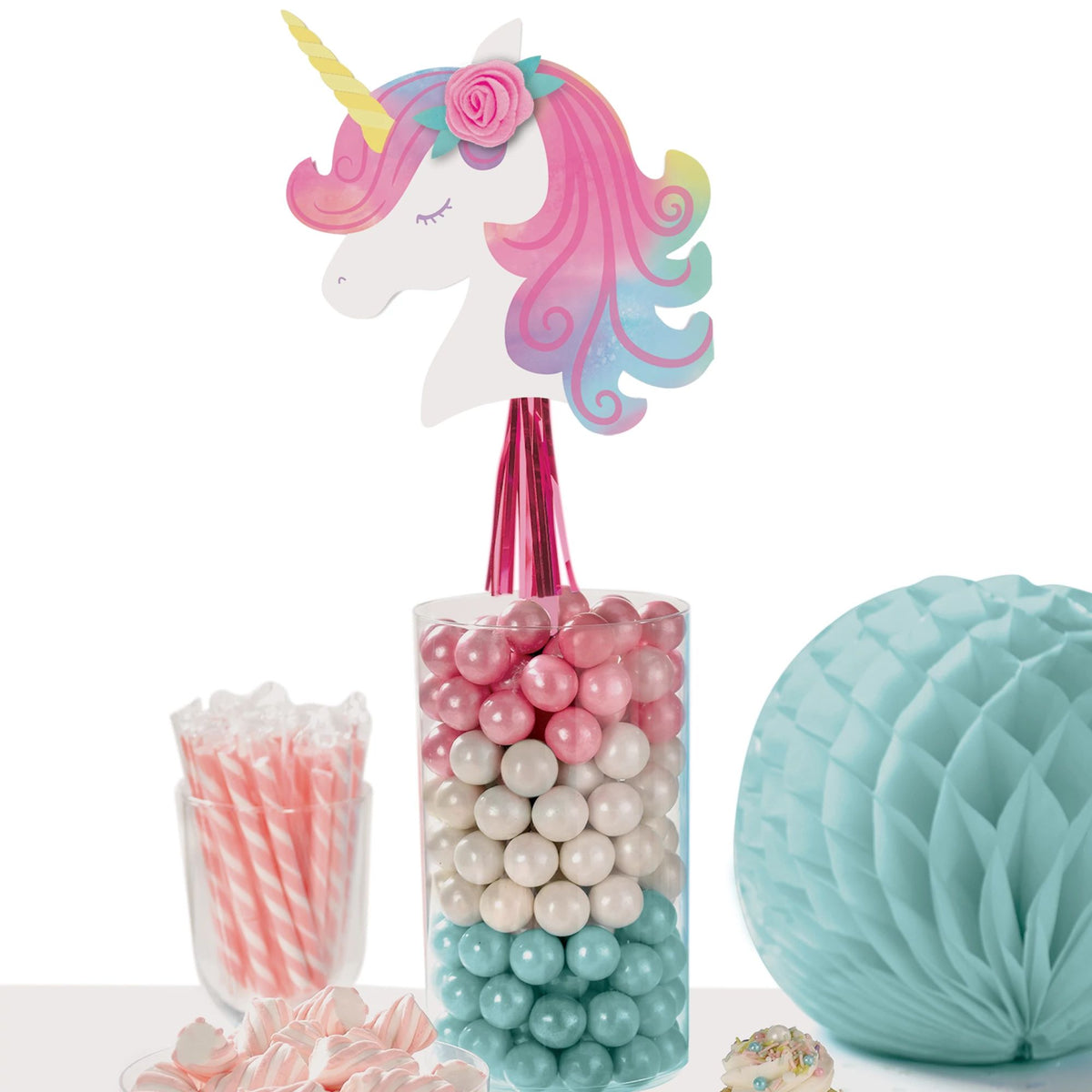 Little Gym - Unicorn Sign Table Centerpiece Stick Decoration, Pink/White, 16.5 In. for Birthday Party - 1 Ct.