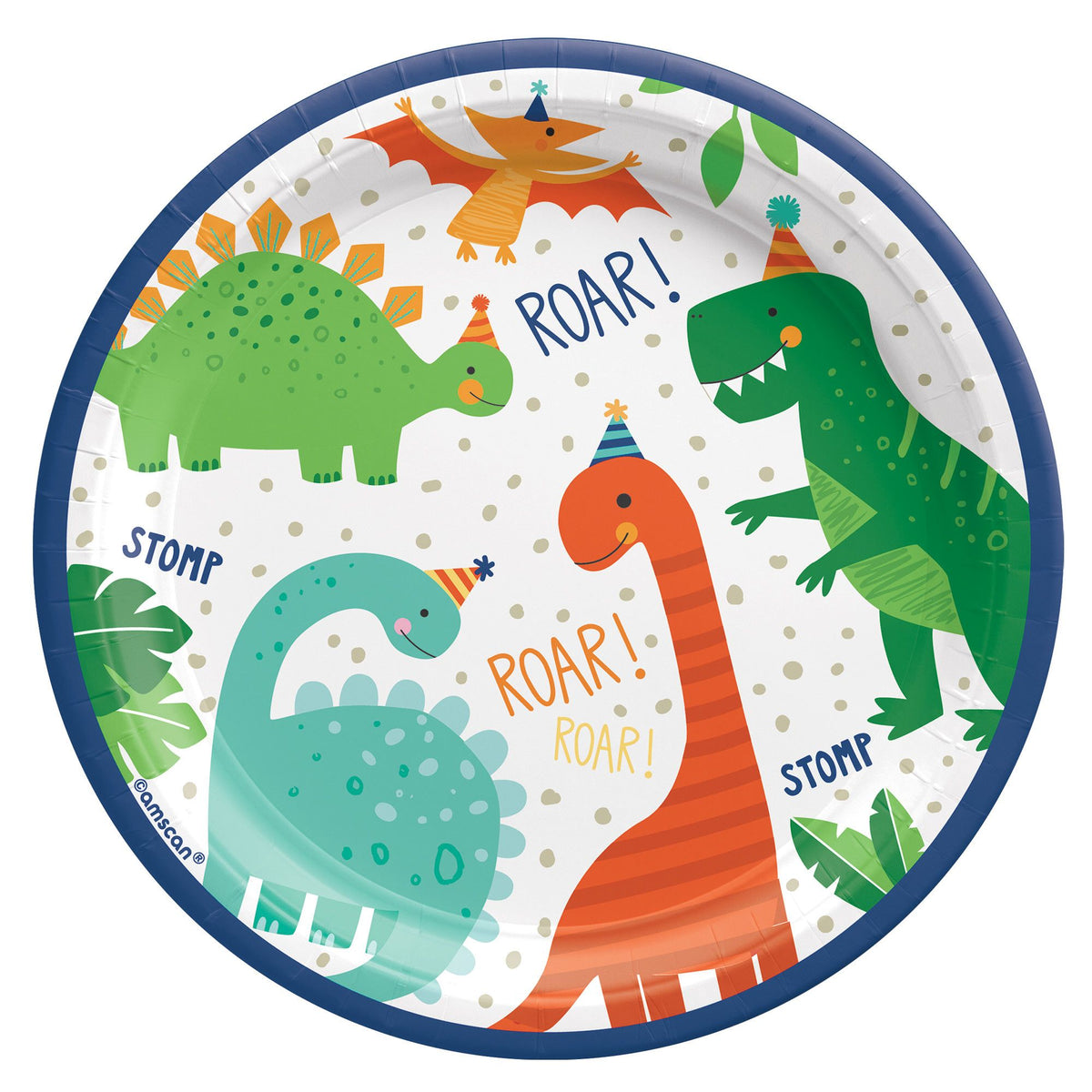 Little Gym - Dino-Mite "Roar" Round Paper Disposable Dessert Plates, Green/White, 7 In. for Birthday Party - 8 Ct.