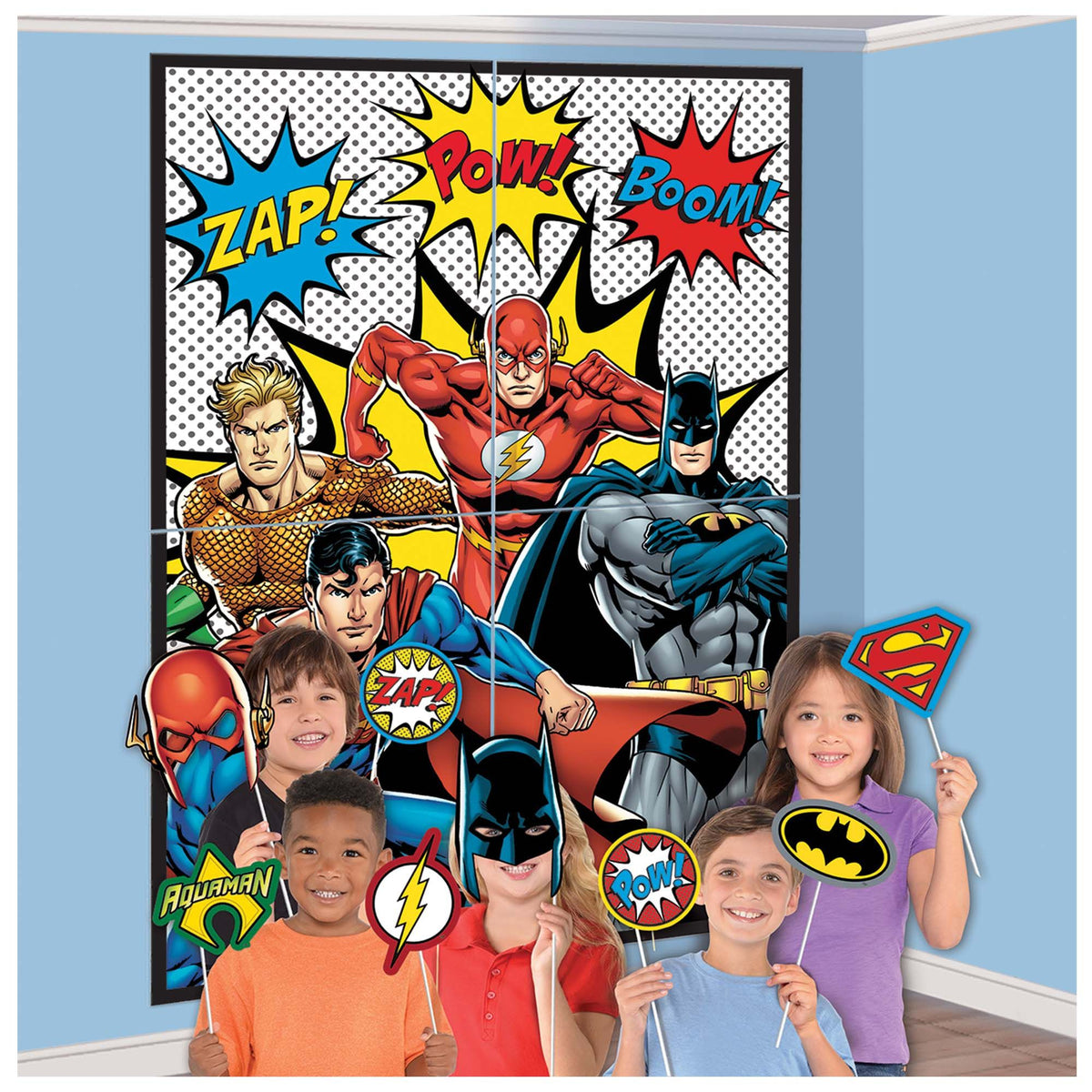 Little Gym - DC Justice League "Zap Pow Boom" Plastic Scene Setter Background Decoration with Photo Booth Props, Multi-Coloured, 65-in,  for Birthday Party - 16 Ct.