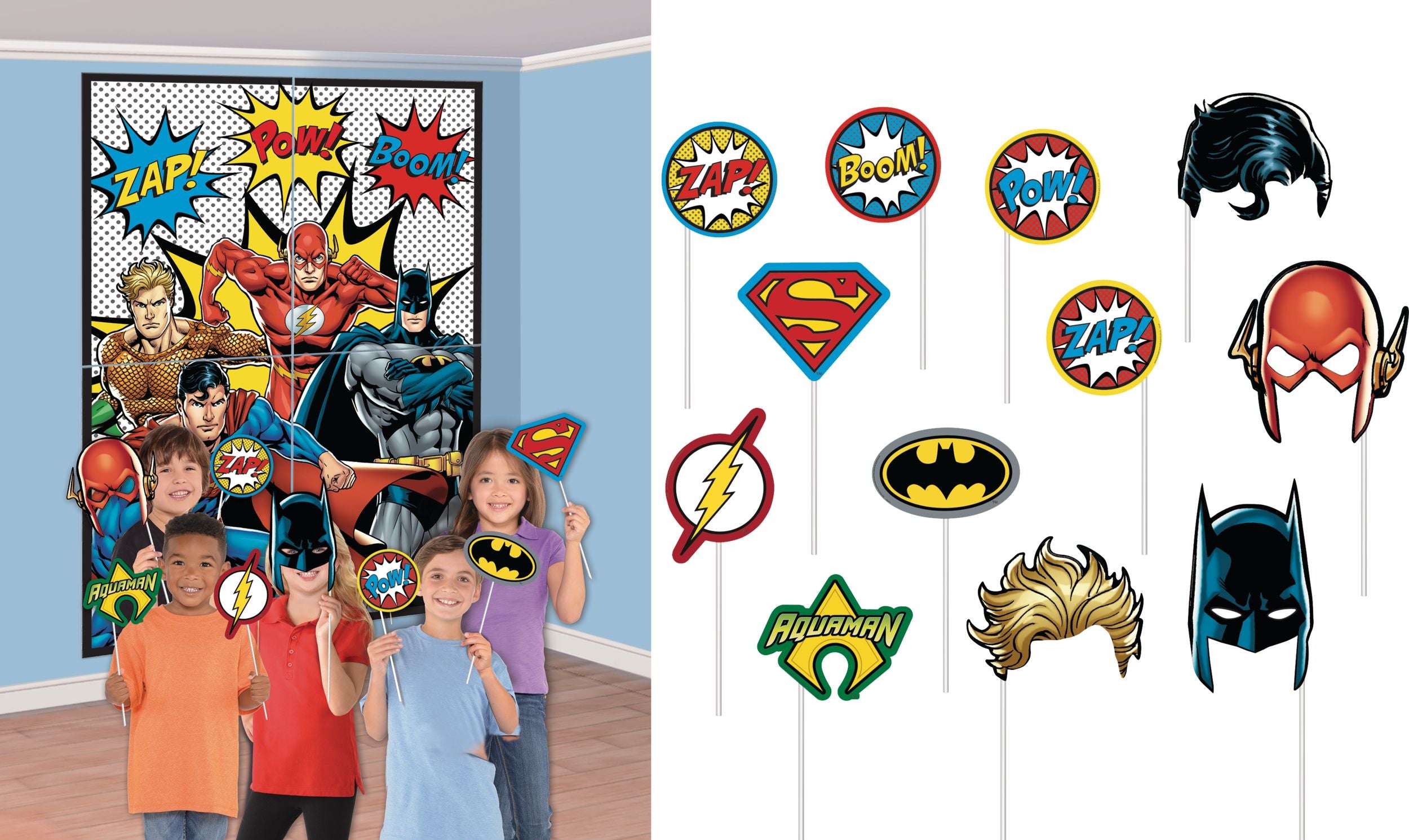 Little Gym - DC Justice League "Zap Pow Boom" Plastic Scene Setter Background Decoration with Photo Booth Props, Multi-Coloured, 65-in,  for Birthday Party - 16 Ct.
