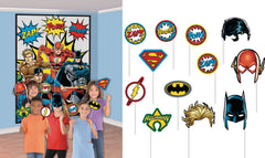 Little Gym - DC Justice League "Zap Pow Boom" Plastic Scene Setter Background Decoration with Photo Booth Props, Multi-Coloured, 65-in,  for Birthday Party - 16 Ct.