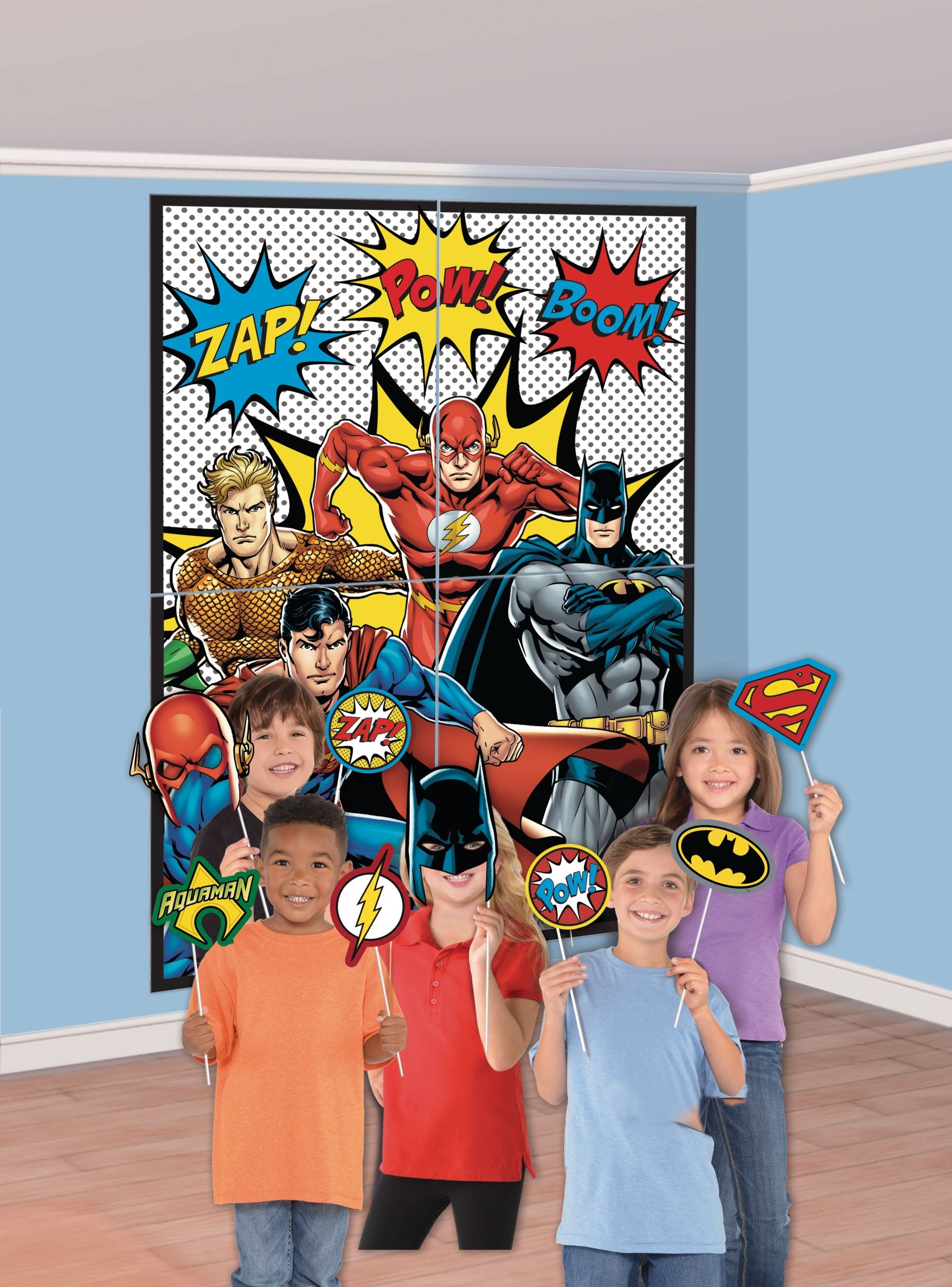 Little Gym - DC Justice League "Zap Pow Boom" Plastic Scene Setter Background Decoration with Photo Booth Props, Multi-Coloured, 65-in,  for Birthday Party - 16 Ct.