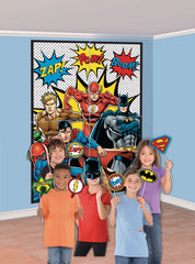 Little Gym - DC Justice League "Zap Pow Boom" Plastic Scene Setter Background Decoration with Photo Booth Props, Multi-Coloured, 65-in,  for Birthday Party - 16 Ct.