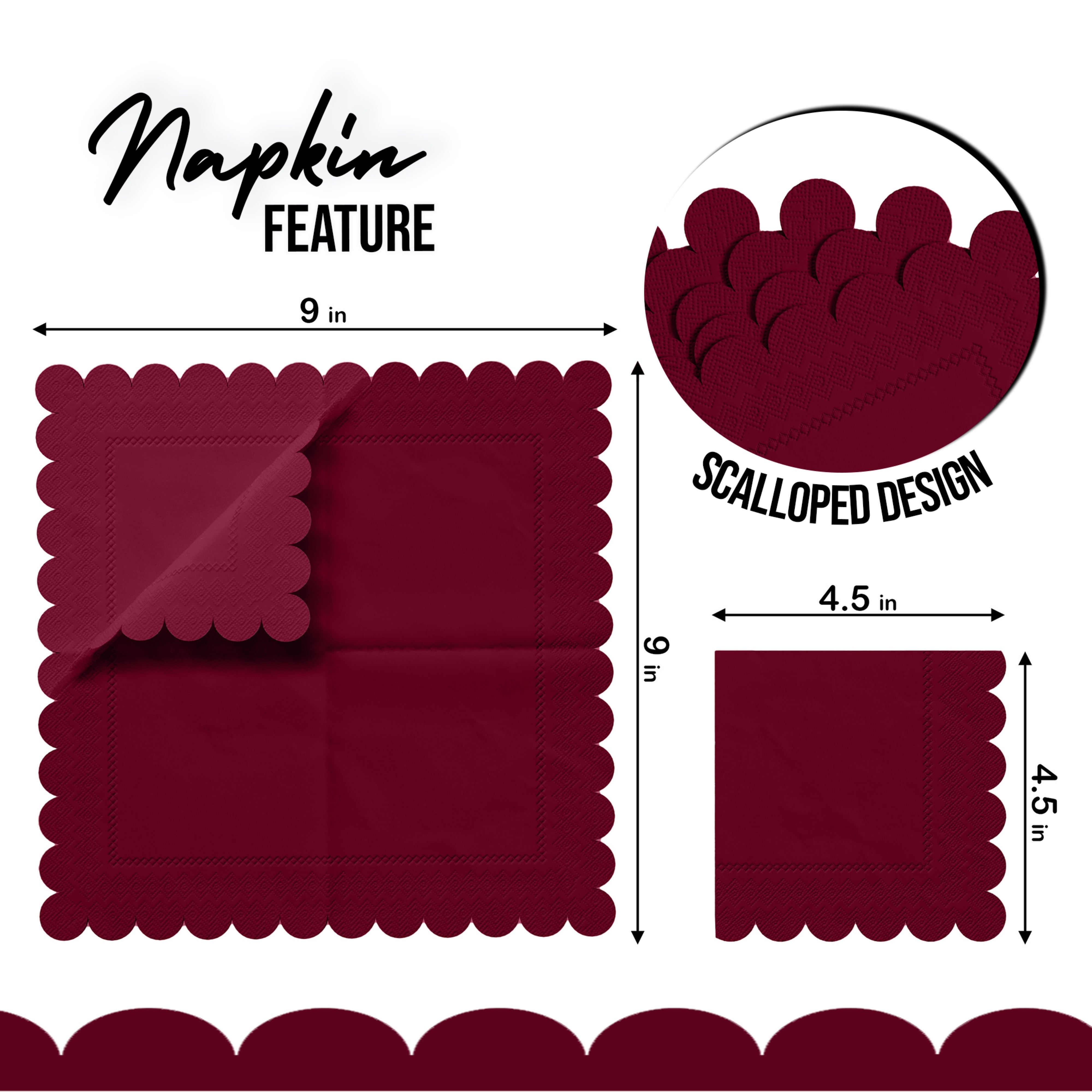 Burgundy Scallop Beverage Napkins - 4.75 In. X 4.75 In. | 50 Ct.