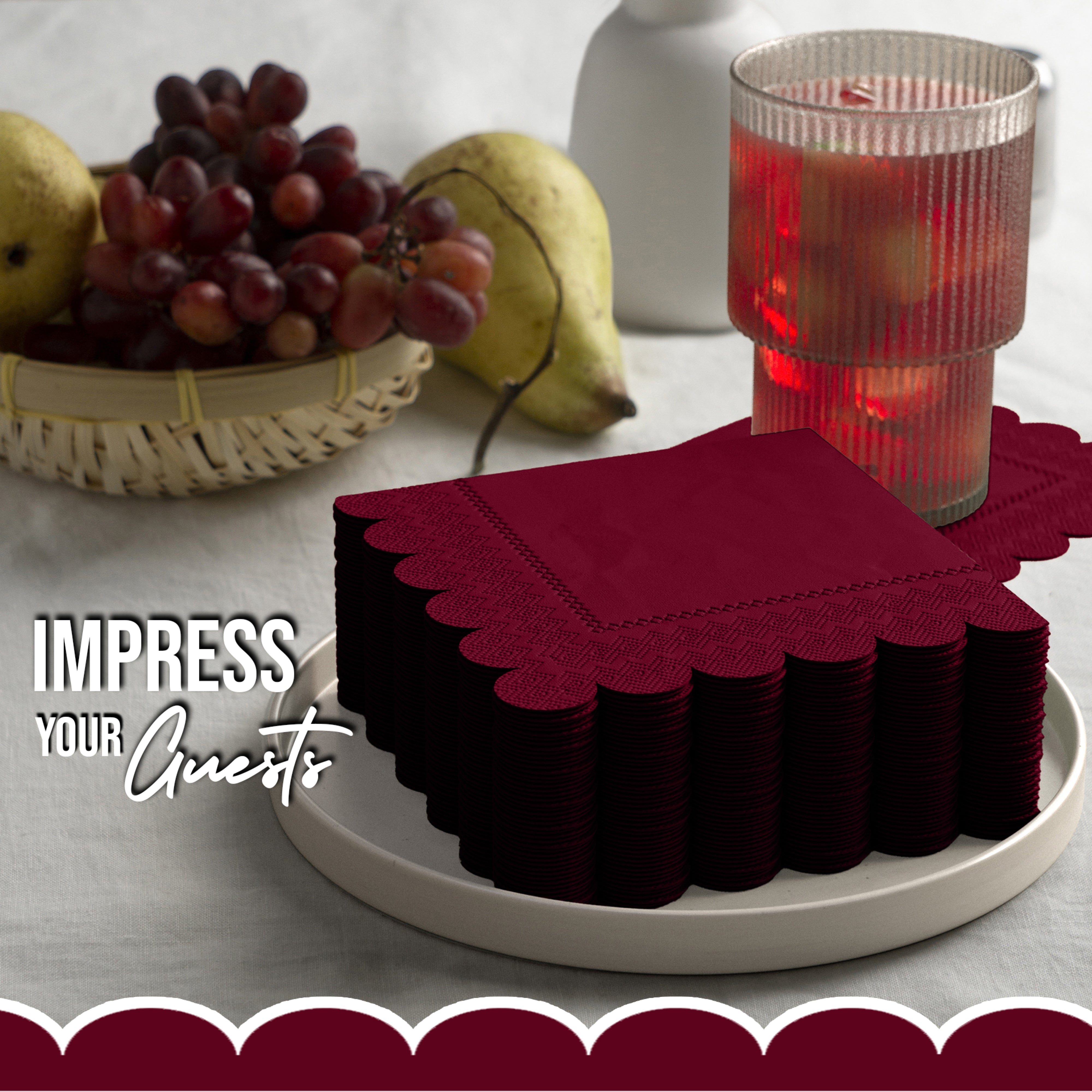 Burgundy Scallop Beverage Napkins - 4.75 In. X 4.75 In. | 50 Ct.