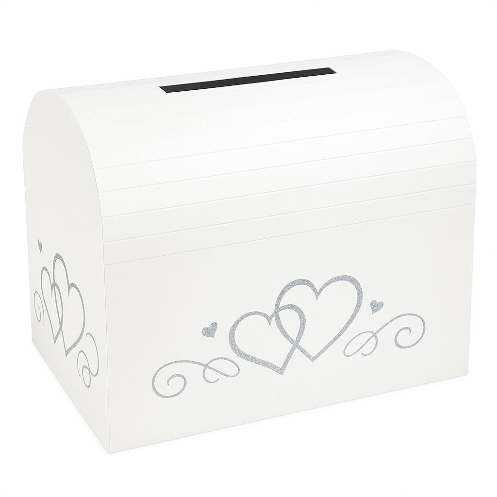 Elegant White Wedding Card Holder Box with Silver Heart Details