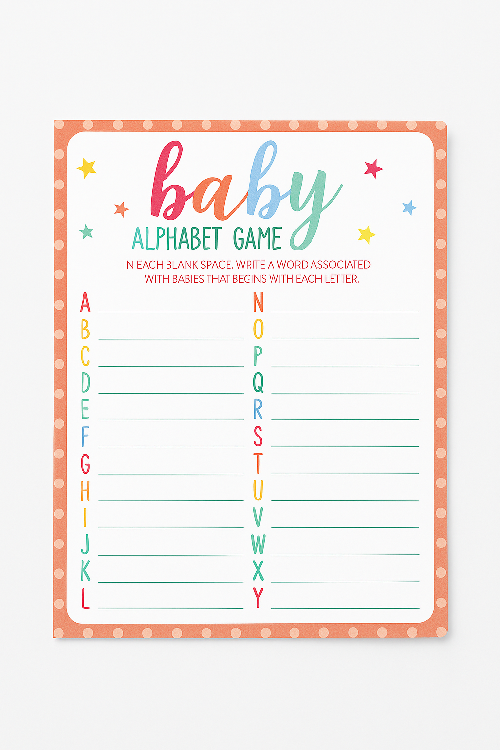 Alphabet Baby Shower Game Set - 24 Multicolour Cards