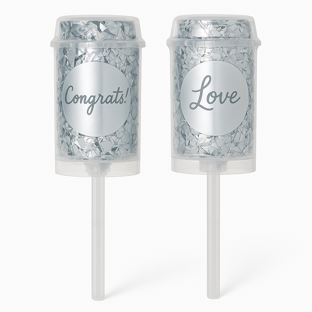 Silver "Congrats Love" Metallic Confetti Poppers - 2 Pack