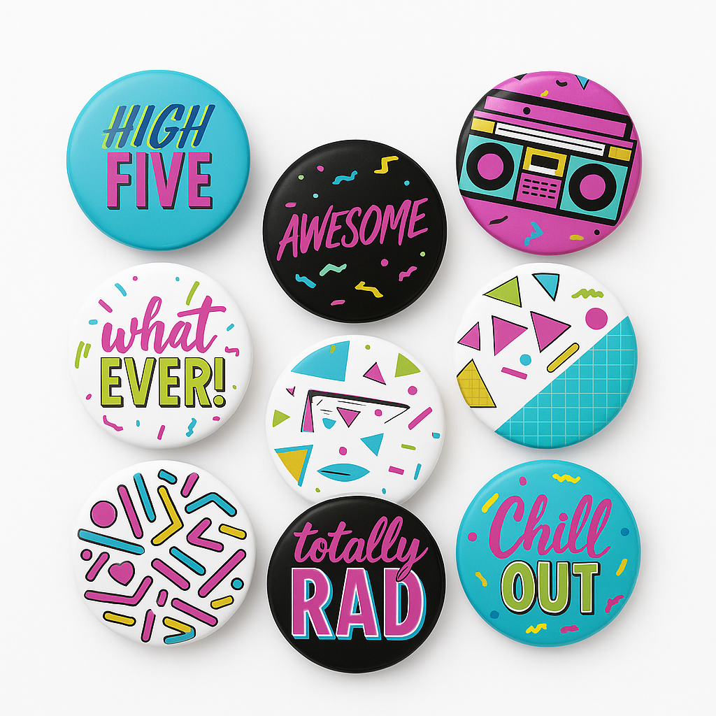 Awesome 80s Themed Multi-Coloured Button Pack - Set of 10