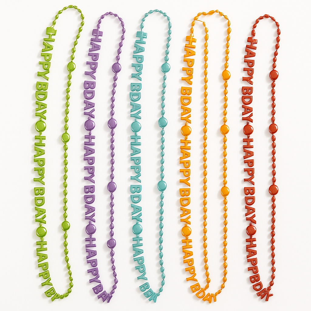 "Happy Birthday" Metallic Beaded Necklaces, 10-Pack, Multicolor Celebration Accessories