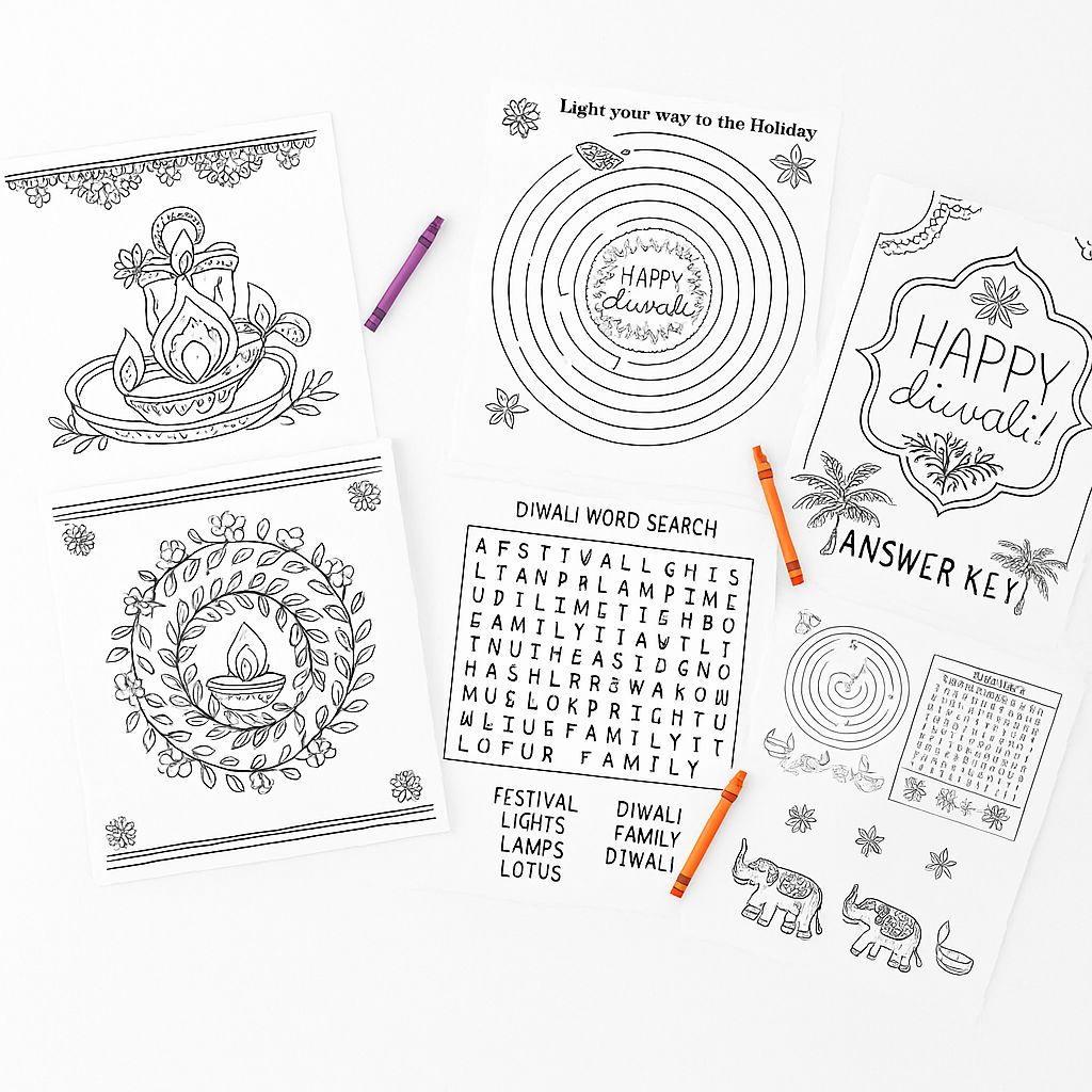 "Happy Diwali" Activity Sheets with Crayons - 11 Pages of Festive Fun