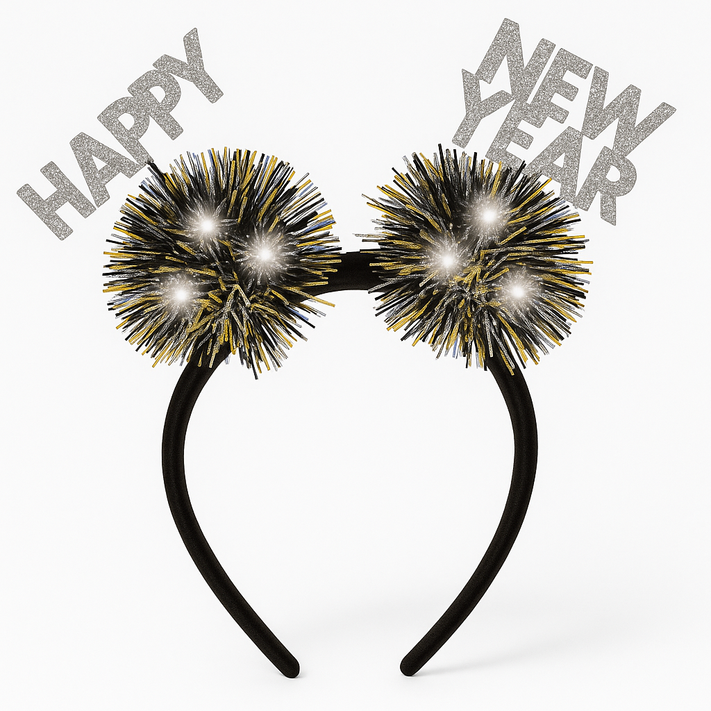 "Happy New Year" Light-Up Tinsel Pom Pom Headband - Gold/Silver/Black
