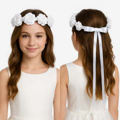 White Flower Girl Floral Wreath Headband with Ribbon