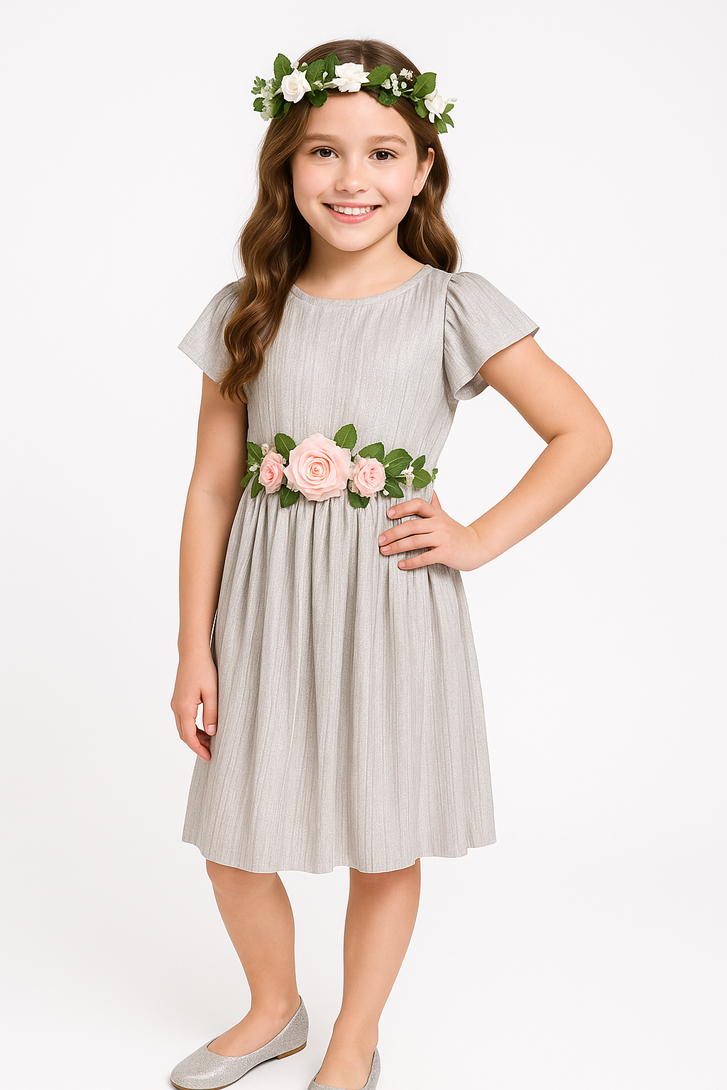 Greenery Flower Girl Set with Floral Crown & Sash