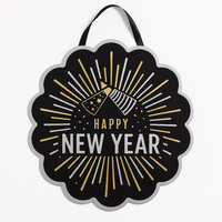 "Happy New Year" Hanging Cardboard Sign - Black, Silver & Gold