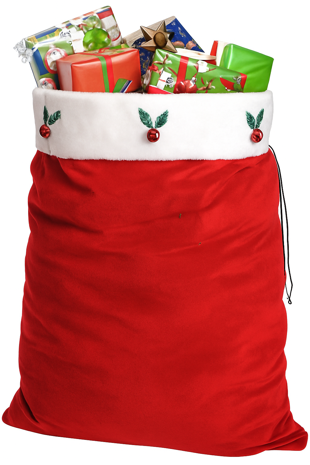 Plush Velour Santa Gift Bag with Holly and Berries