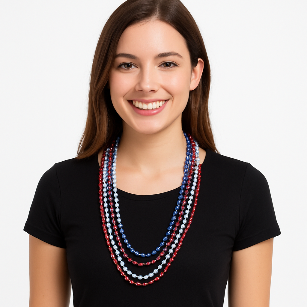 Red, White & Blue Round Bead Necklaces - 8 Pack