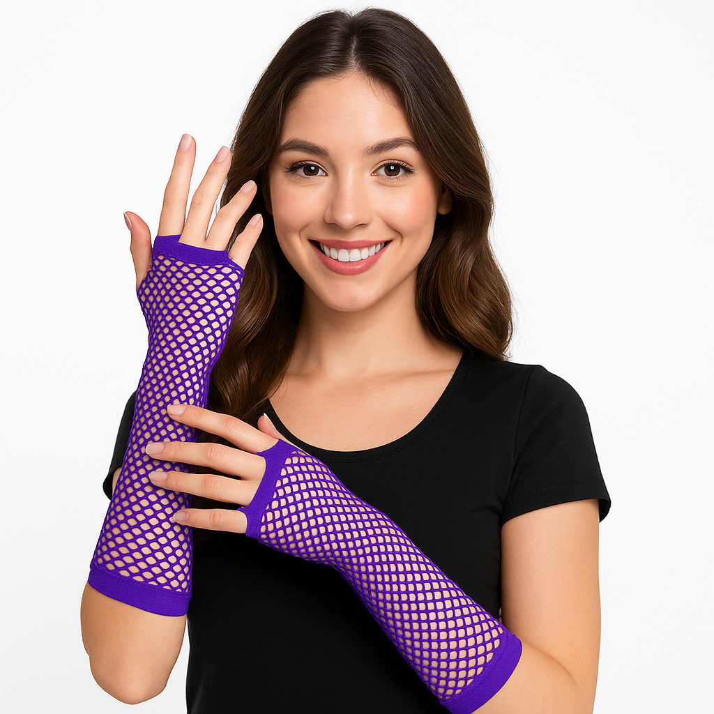 Long Purple Fishnet Fingerless Gloves - Perfect for Costumes & Team Spirit