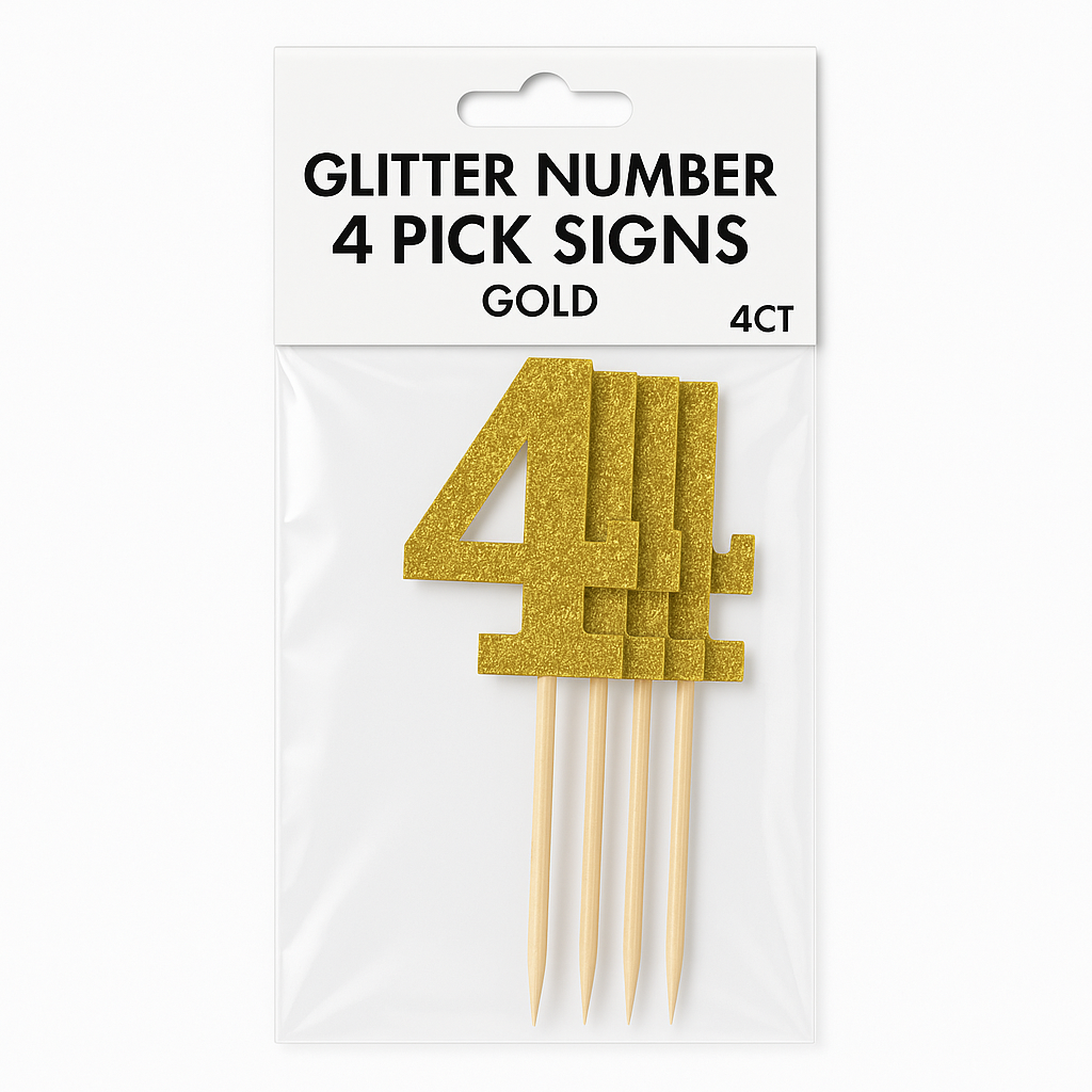 Glitter Gold Number 4 Cake Picks, 7-Inch, 4-Pack