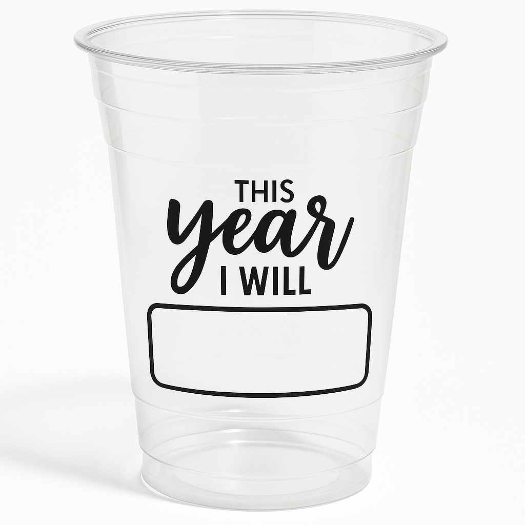 "This Year I Will" Clear Plastic Tumblers, 16 oz, 20 Pack for New Year's Eve