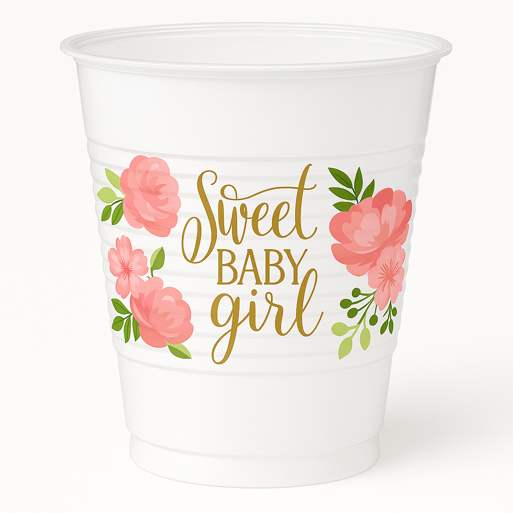 Floral Baby Shower 16oz Plastic Cups - Sweet Baby Girl Design, 25-Pack
