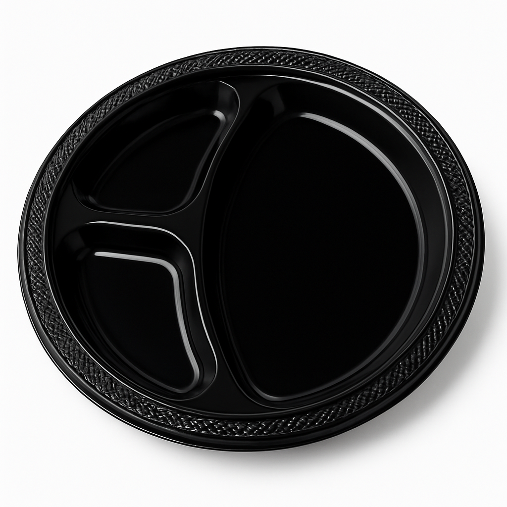 Black Plastic Divided Dinner Plates, 10.25" - 20 Pack
