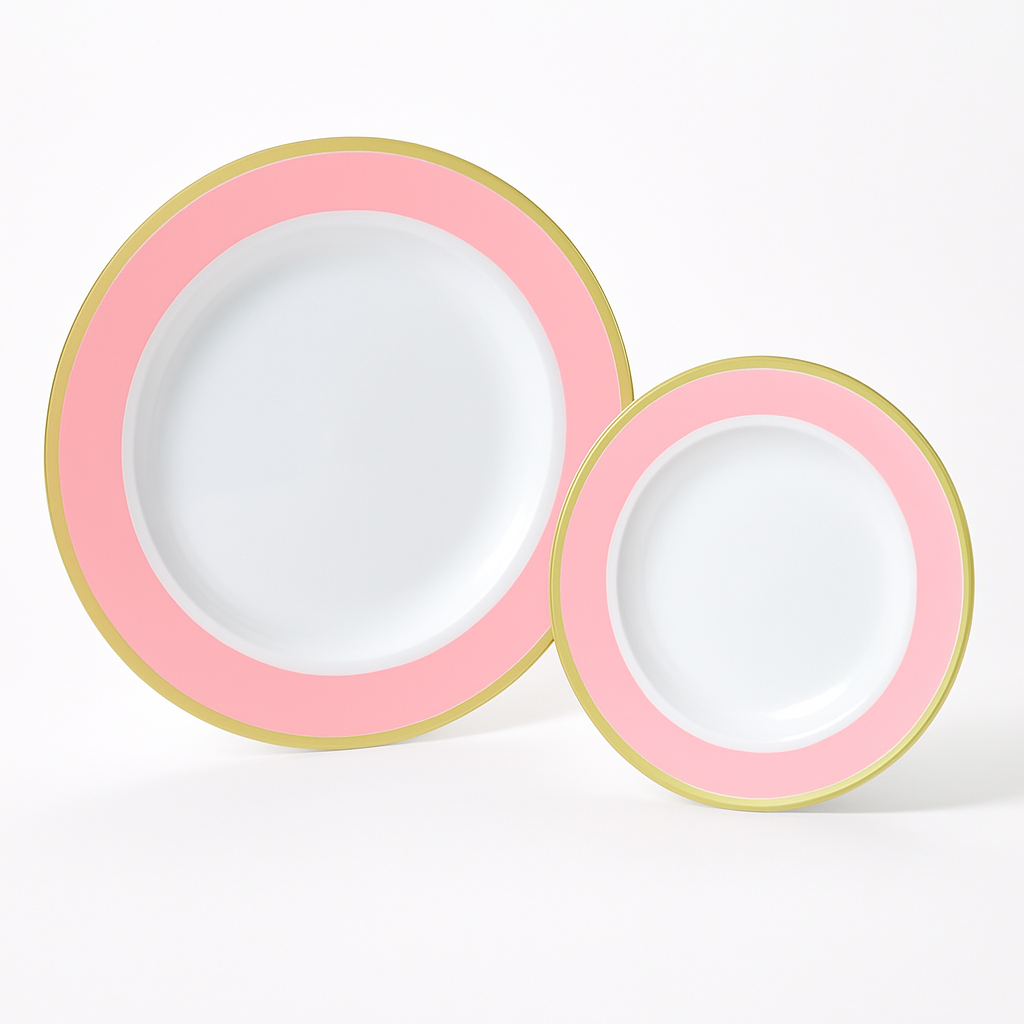 Elegant Pink & Gold Bordered Plastic Plate Set - 20 Pack