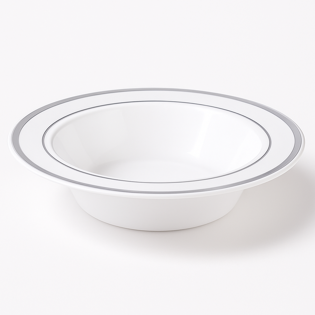 Elegant 12oz White Plastic Bowls with Silver Trim - 10 Pack