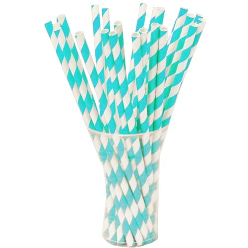 Aqua Blue Striped Paper Straws - 7.75 in. | 100 Count