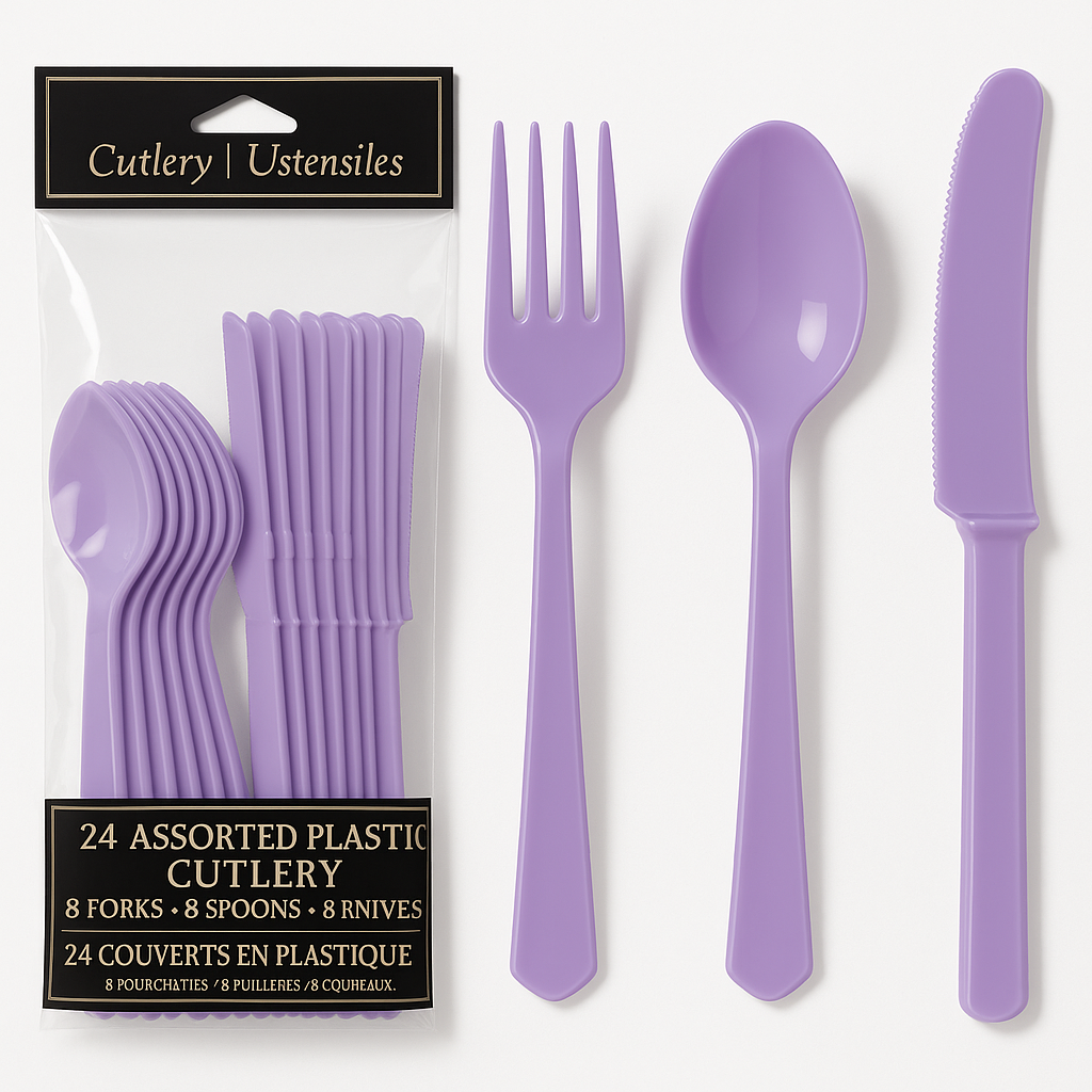 Lavender Assorted Plastic Cutlery Set - 7.5 in. - 24 Pack