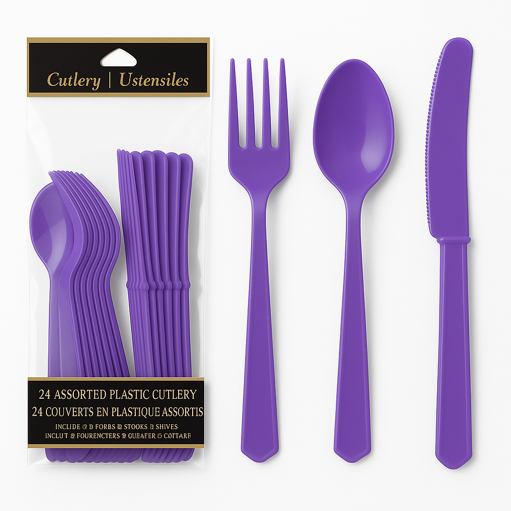 Purple Assorted Plastic Cutlery Set - 24 Pack