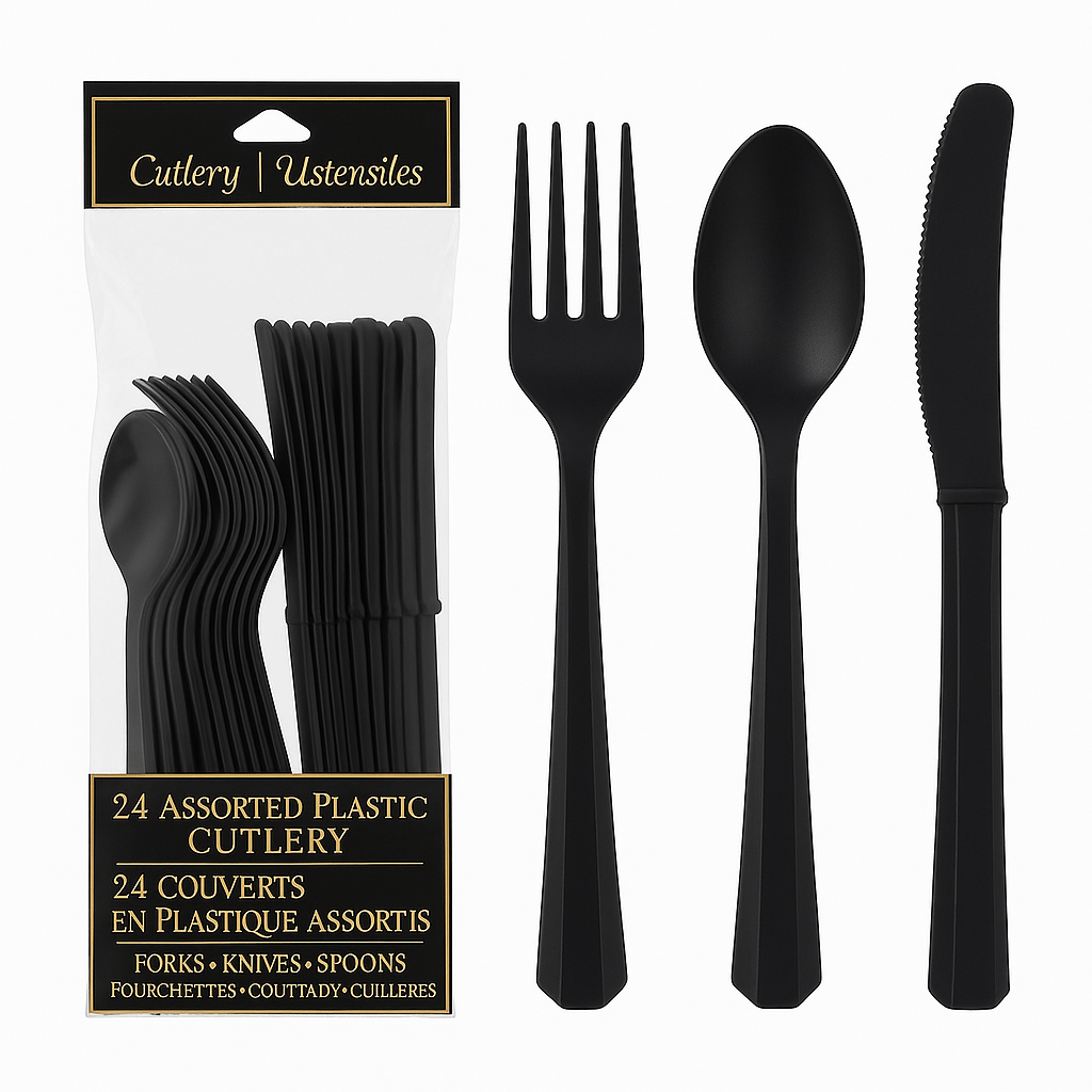 Black Plastic Cutlery Set - 24 Piece Assortment