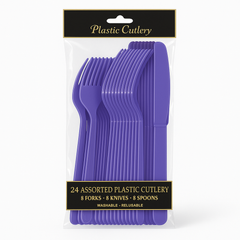Purple Assorted Plastic Cutlery Set - 24 Pieces - 7.5 in.