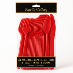 Apple Red Assorted Plastic Cutlery Set - 24 Pieces - 7.5 in.