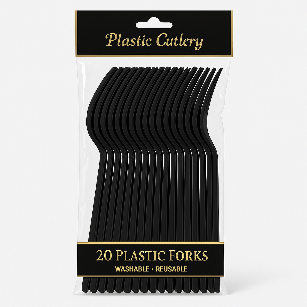 Jet Black Plastic Forks - Pack of 20 - 7.5 in.
