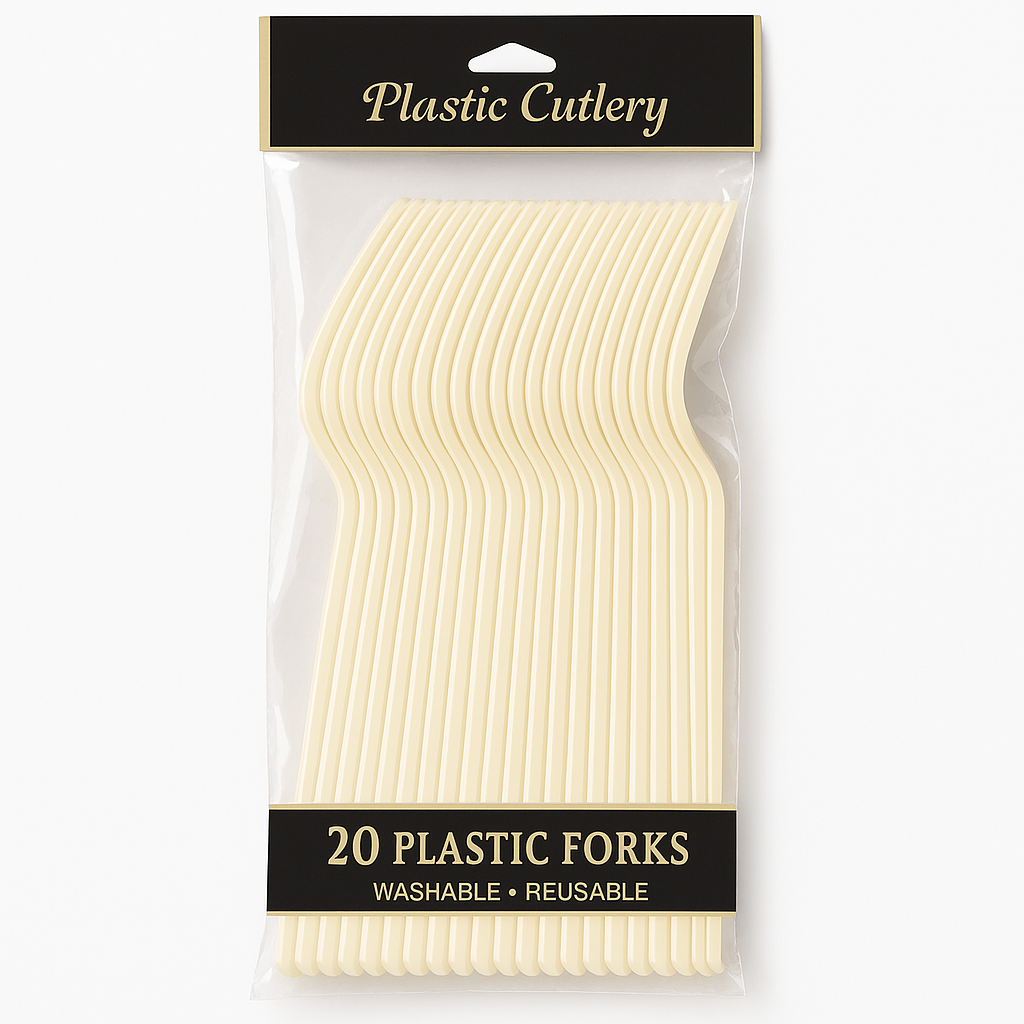 Vanilla Creme Economy Plastic Forks - 7.5 in. - 20 Pack