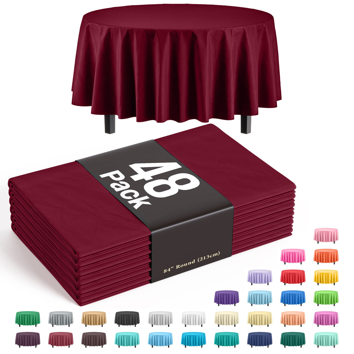 Round Burgundy Plastic Table Cover - 84 in. | Case of 48