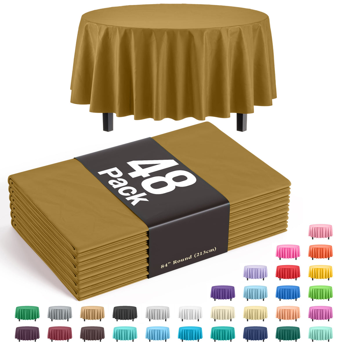Gold Round Plastic Table Cover - 84 in. | Case of 48