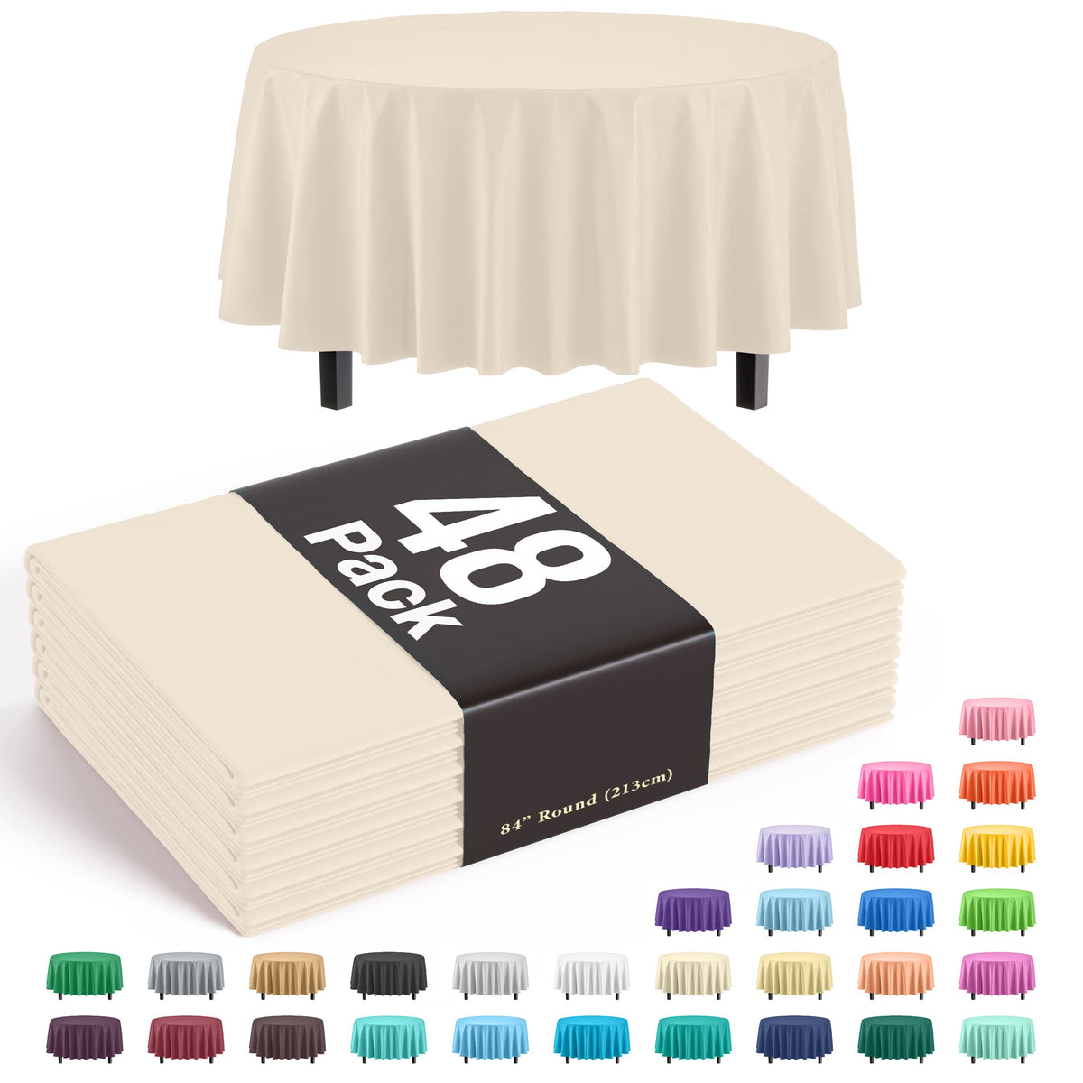 Round Ivory Plastic Table Cover - 84 in. | Case of 48