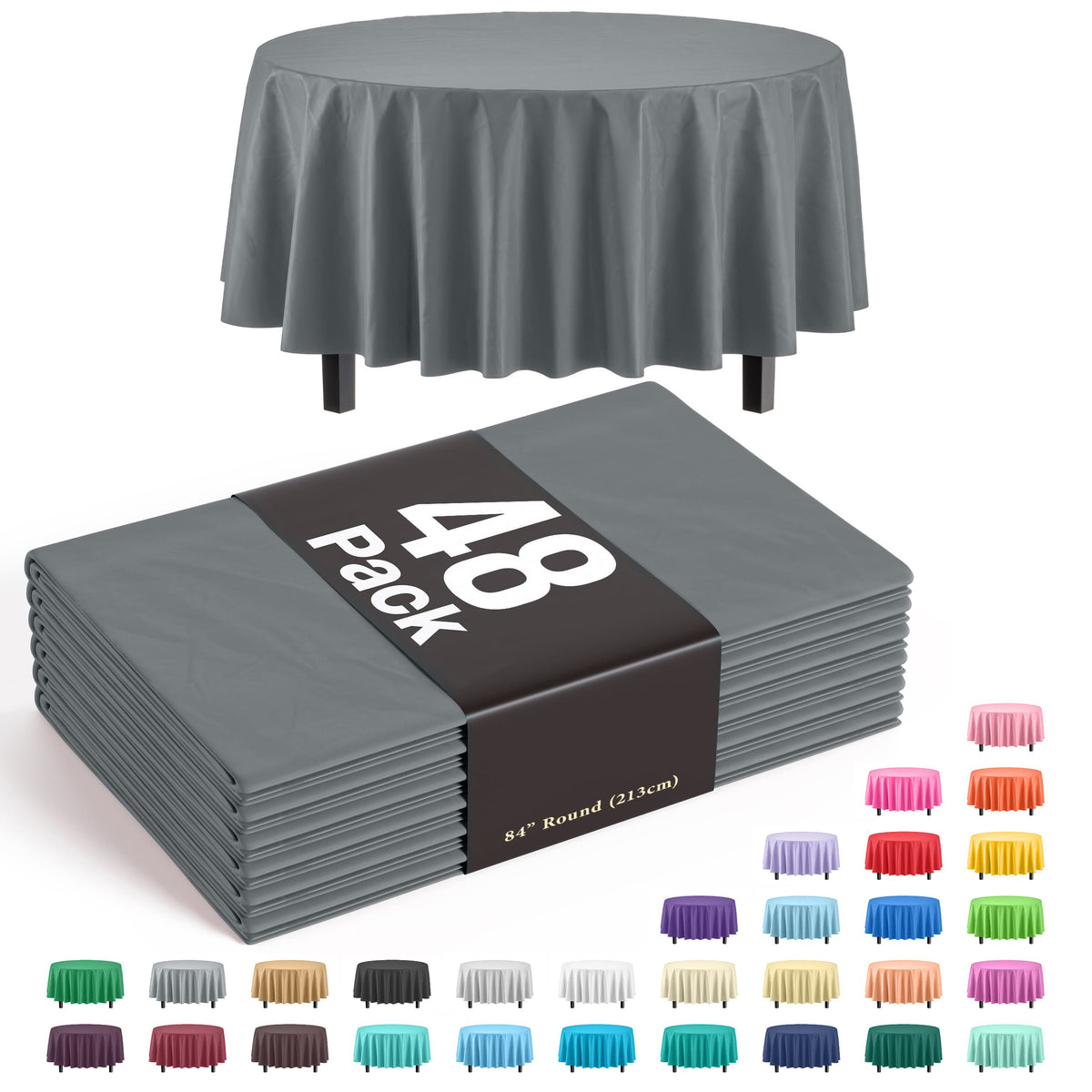 Round Silver Plastic Table Cover - 84 in. | Case of 48