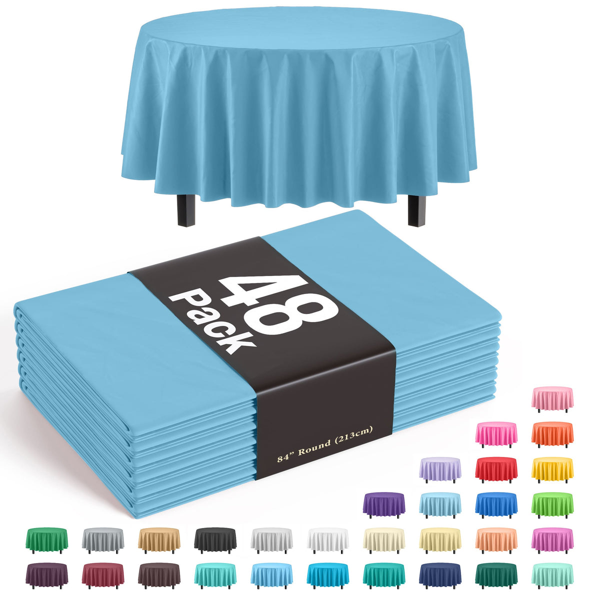 Round Sky Blue Plastic Table Cover - 84 in. | Case of 48