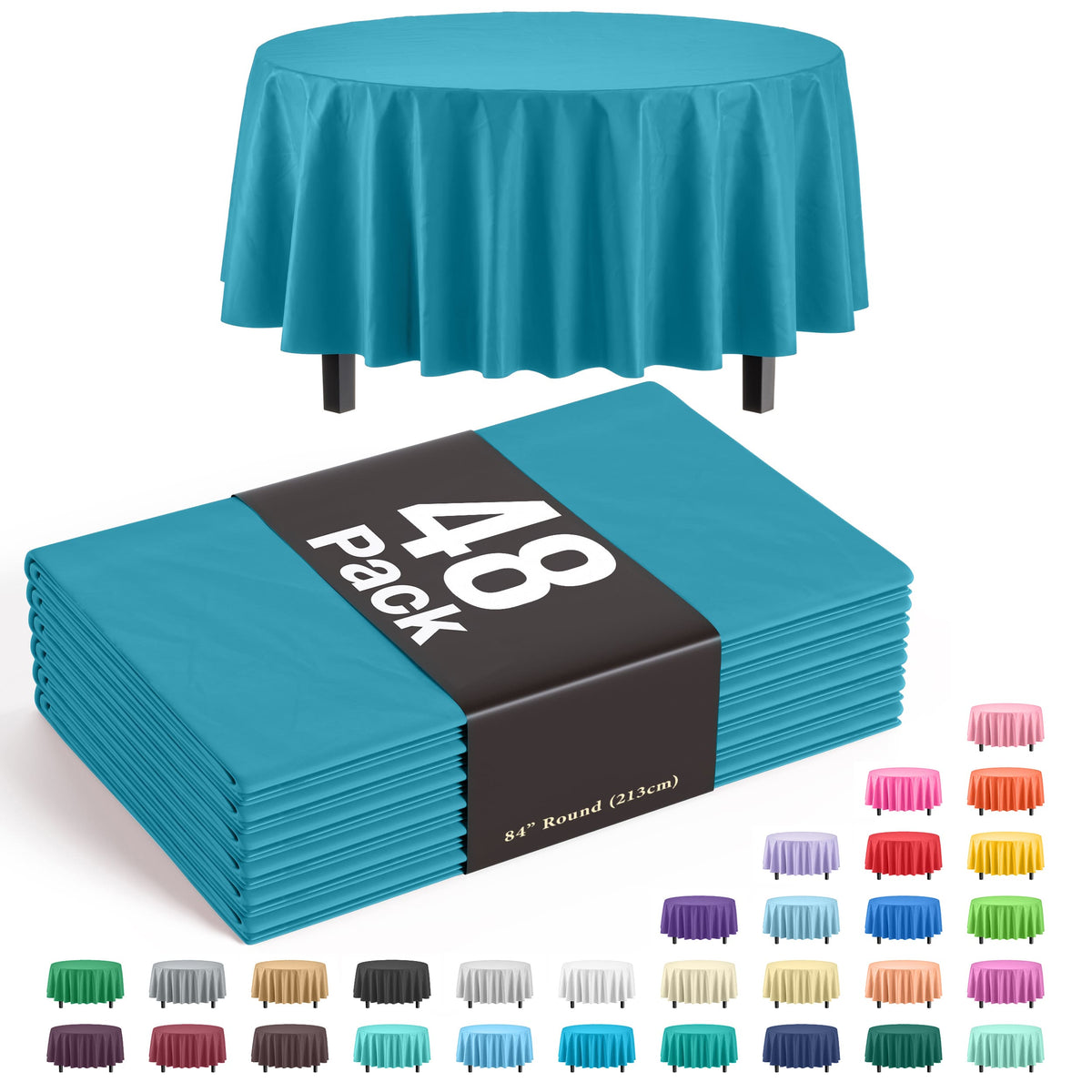 Round Turquoise Plastic Table Cover - 84 in. | Case of 48