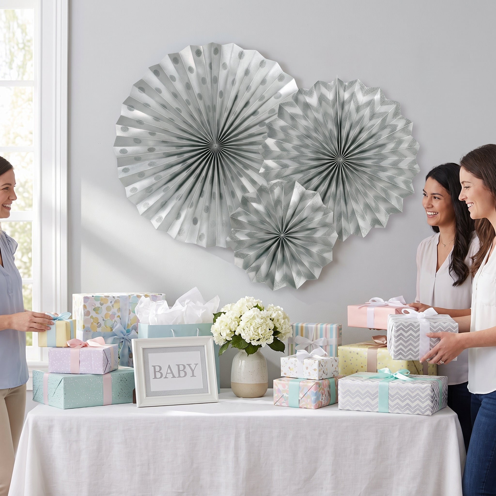 Silver Glitter Paper Fan Decorations Set - 4 Pack